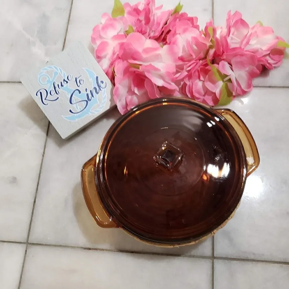 Vintage Anchor Ovenware Amber Brown Casserole Dish w/Lid & Basket 1.5 Qt